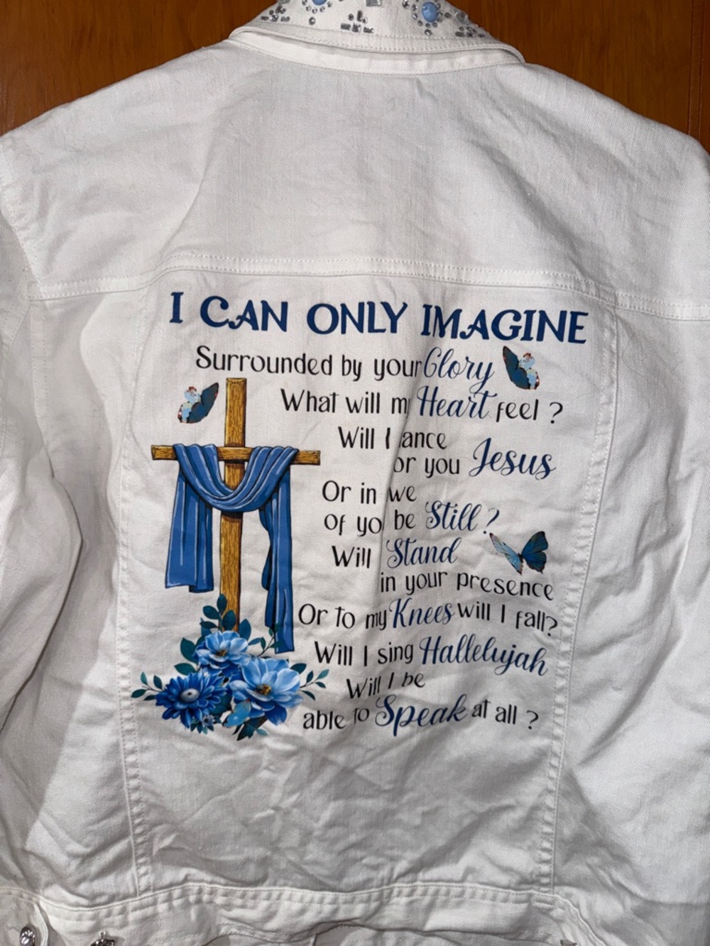 Ruby Rd. White Jean Jacket with Blue and Gold Cross Print